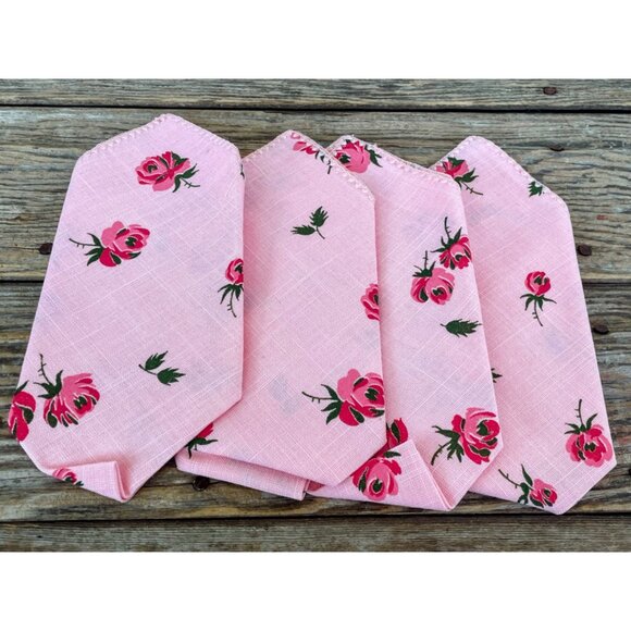 Vintage 1950s set of 4 Pink Linen Rose Print Napkins Unused - Picture 11 of 11